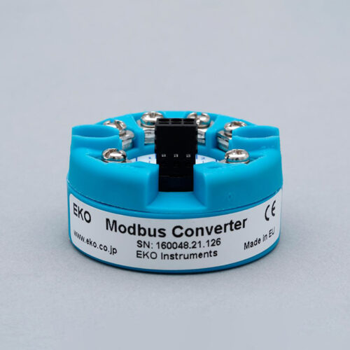 MC-20 Modbus signal converter in a round blue housing with terminal connectors.