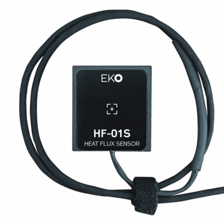 HF-01S heat flux sensor with attached cable and compact square design.