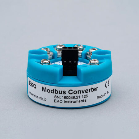 MC-20 Modbus signal converter in a round blue housing with terminal connectors.